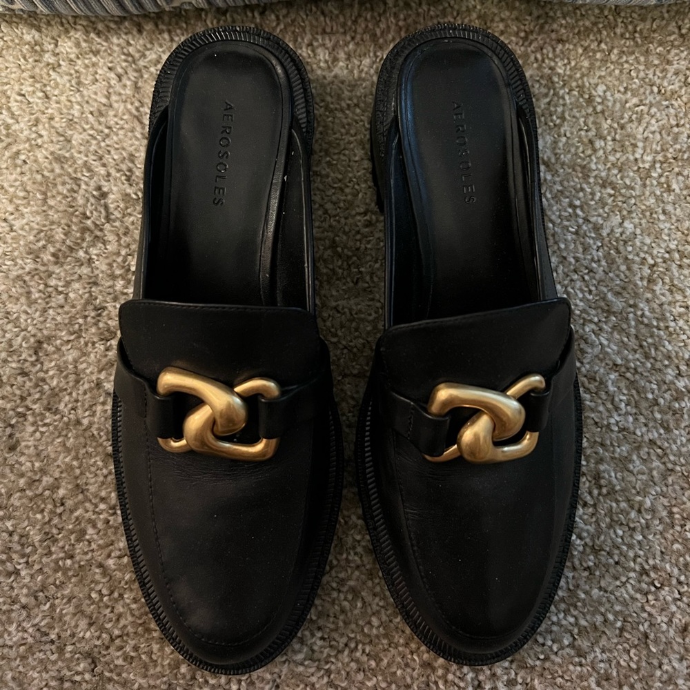 Chunky mules with gold buckle